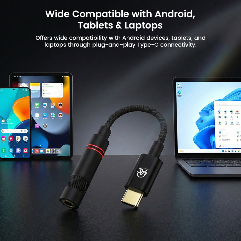 AUDIOCULAR DAC/AMP offers wide compatibility with Android, tablets, and laptops via USB-C, ideal for plug-and-play high-res audio.