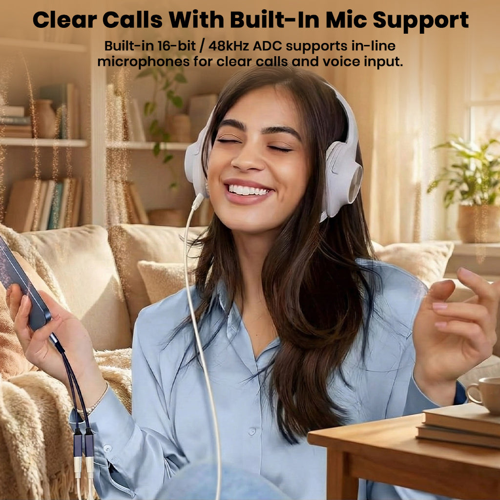 Woman using Audiocular D18 Adapter with headphones, highlighting built-in mic support and 16-bit/48kHz ADC for clear voice calls and audio input.
