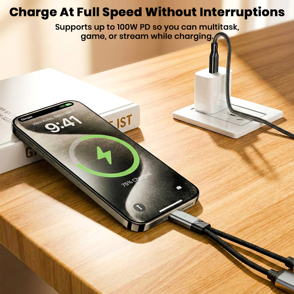 Audiocular D18 Adapter charging a smartphone at full speed with 100W PD support, allowing multitasking and uninterrupted usage while charging.