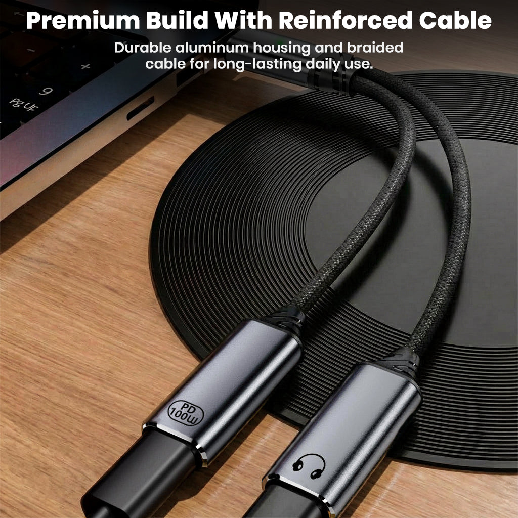 Close-up of Audiocular D18 Adapter's premium aluminum housing and reinforced braided cable, designed for durability and long-term use.