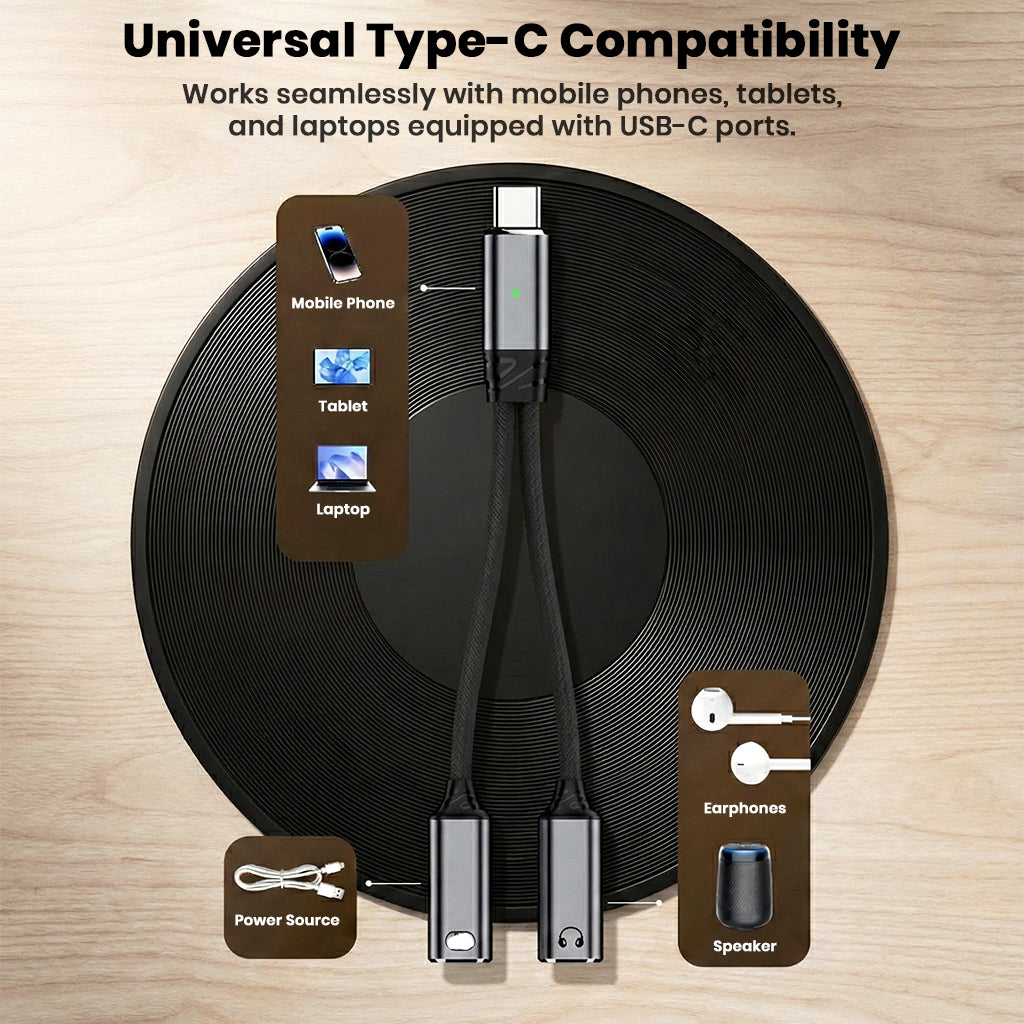 Audiocular D18 Adapter shown with compatible devices including phones, tablets, laptops, and audio accessories, emphasizing universal Type-C compatibility.