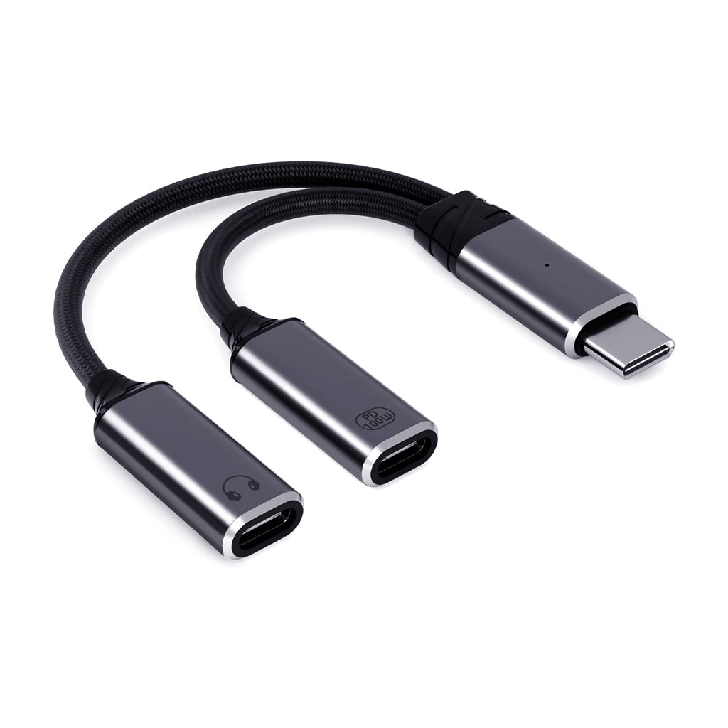 AUDIOCULAR D18 Male Type-C to Female Dual Type-C Adapter with 100W PD and Hi-Res DAC, featuring a braided cable and dual ports for audio and charging.