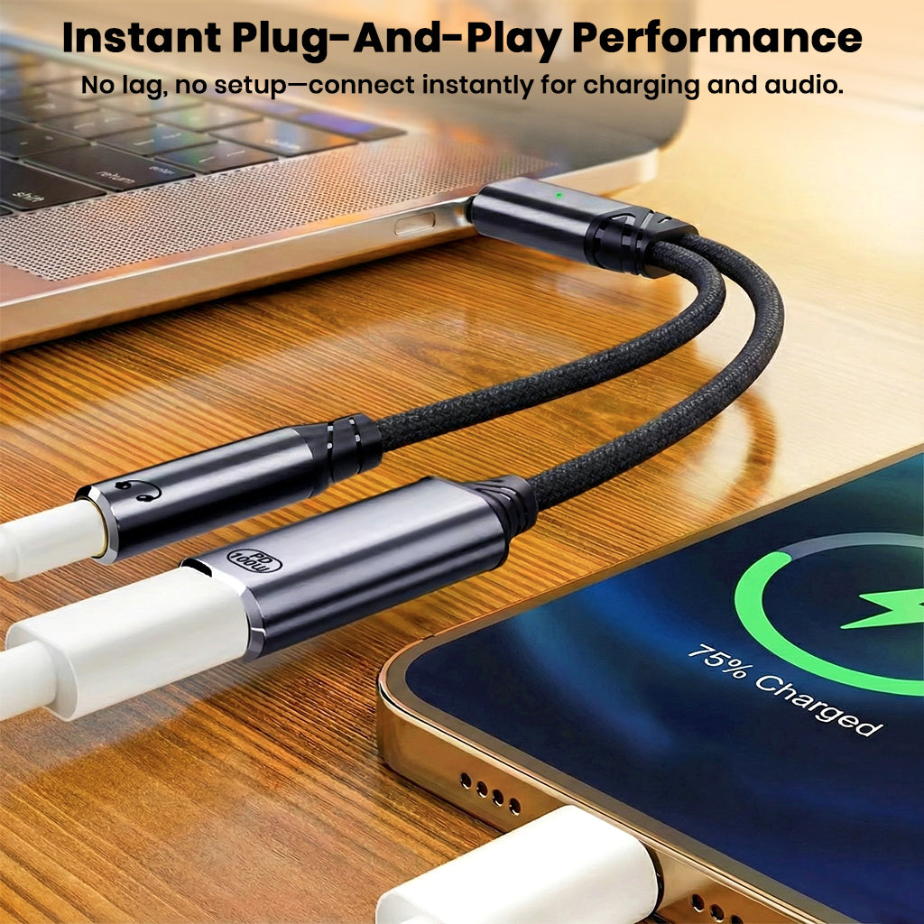 AUDIOCULAR D19 adapter offers instant plug-and-play performance for seamless charging and audio connection on USB-C devices.