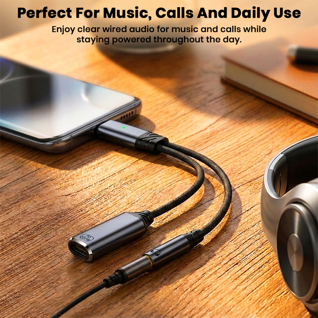 AUDIOCULAR D19 adapter in use with smartphone, providing clear wired audio and continuous charging for daily use.
