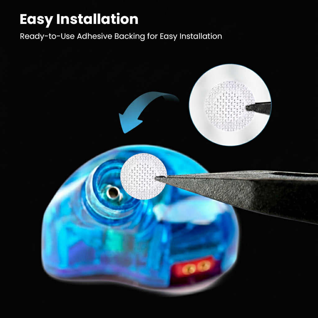 AUDIOCULAR IEM Nozzle Filters with adhesive backing shown being installed easily into an earphone nozzle using tweezers.