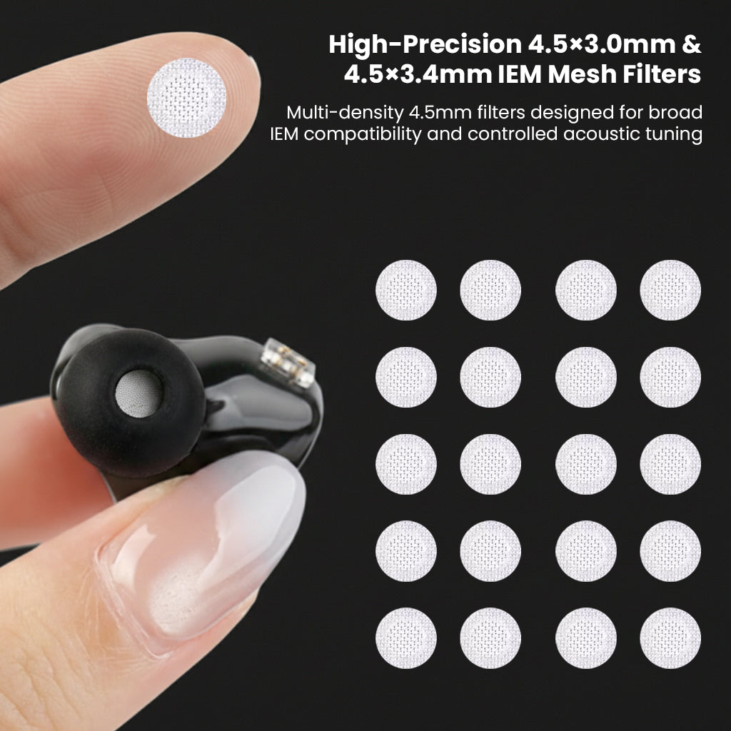 Multiple AUDIOCULAR IEM Nozzle Filters Acoustic Mesh displayed with a hand holding an IEM, emphasizing high-precision multi-density filter sizes.