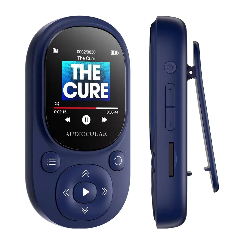 AUDIOCULAR M11 Mp3 Player in navy blue with clip and control buttons, designed for hands-free portable music playback.