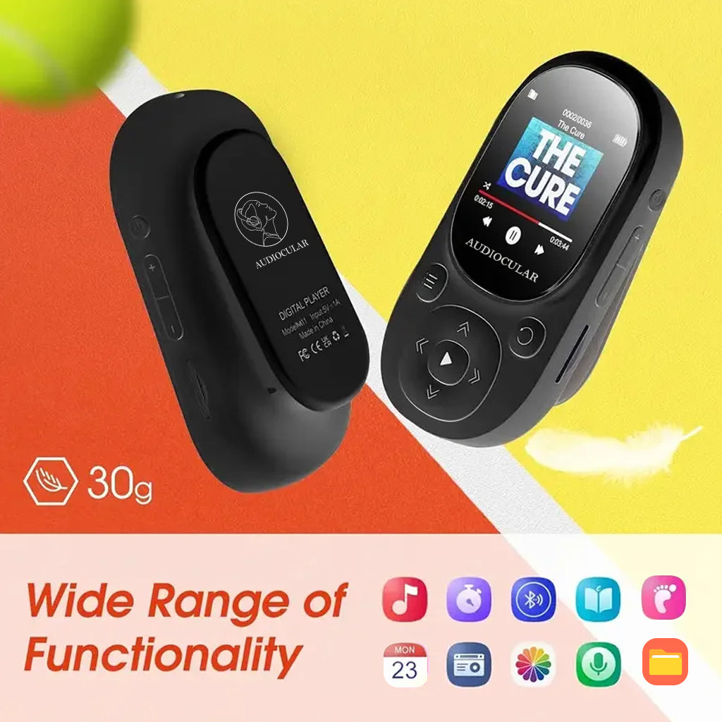 AUDIOCULAR M11 Mp3 Player weighing 30g, showcasing icons for music, Bluetooth, FM radio, eBook, calendar, and more multifunctional features.