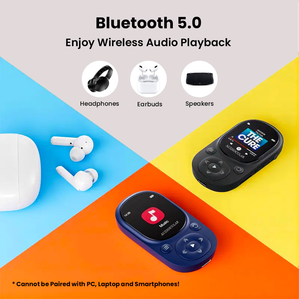 AUDIOCULAR M11 Mp3 Player with Bluetooth 5.0 for wireless playback with headphones, earbuds, and speakers, not compatible with PCs or smartphones.