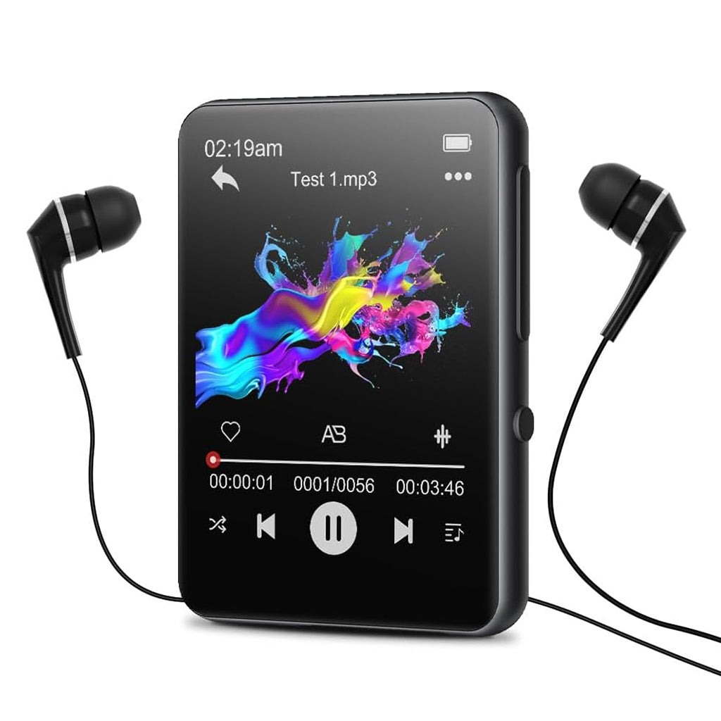 AUDIOCULAR M31 Mp3 Player in black with wired earphones, displaying vibrant music interface and sleek design.