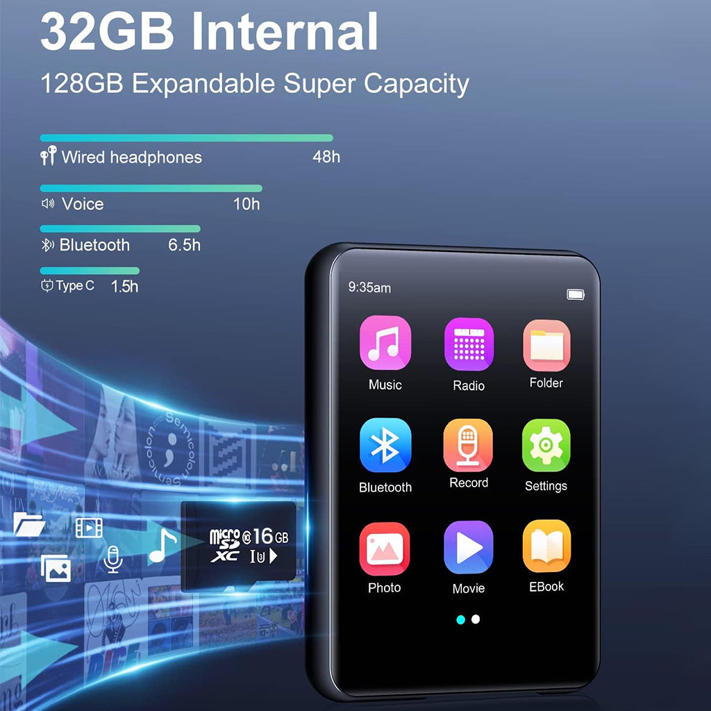 AUDIOCULAR M31 Mp3 Player with 32GB internal memory and 128GB expandable storage, supports music, Bluetooth, and eBook playback.