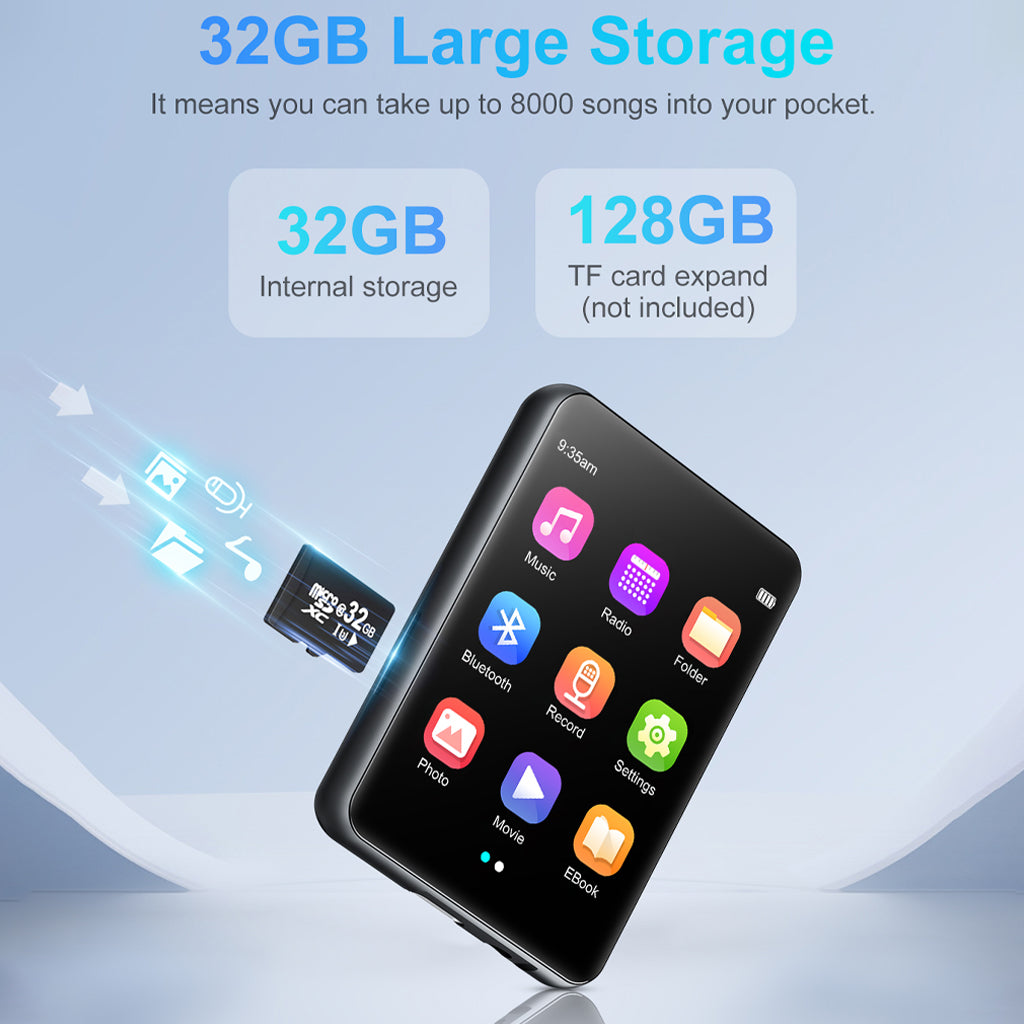 AUDIOCULAR M31 Mp3 Player with 32GB internal storage and TF card slot supporting up to 128GB for music, video, and more.