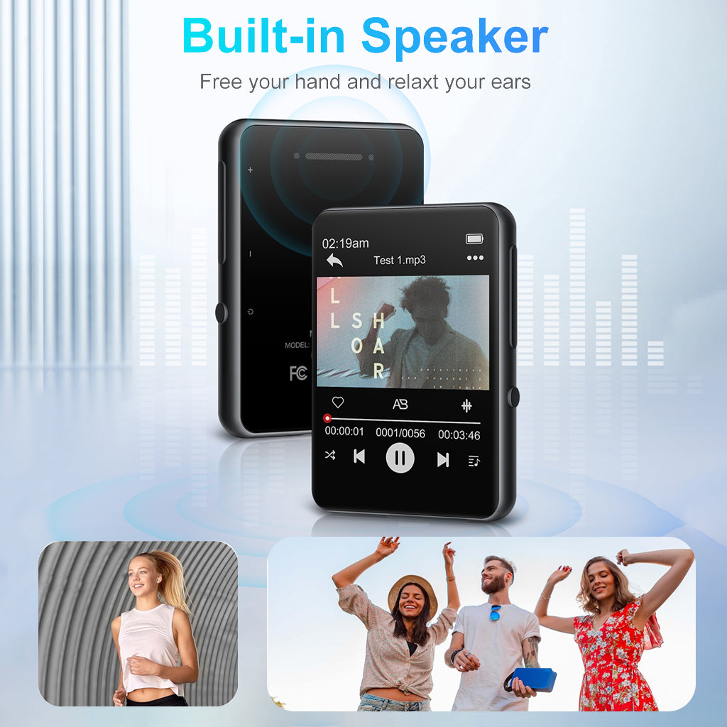 AUDIOCULAR M31 Mp3 Player with built-in speaker, allowing hands-free music playback and group listening experience.