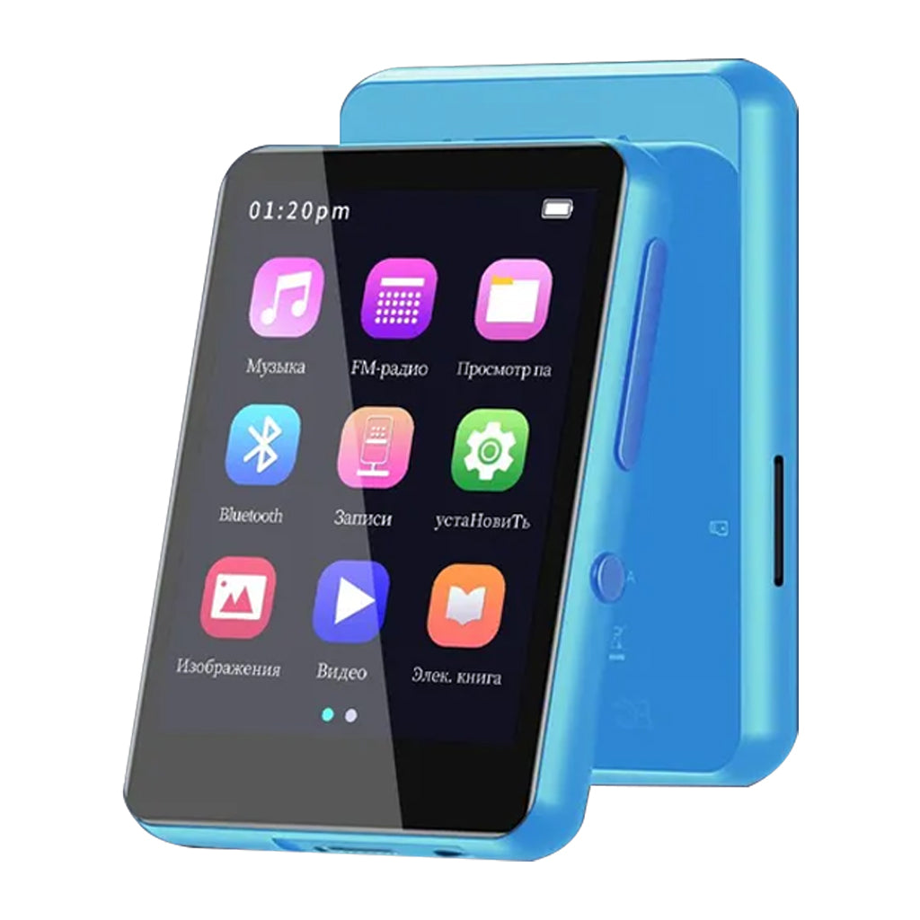 AUDIOCULAR M31 Mp3 Player in blue with colorful app icons for music, FM radio, Bluetooth, and more on full touch display.