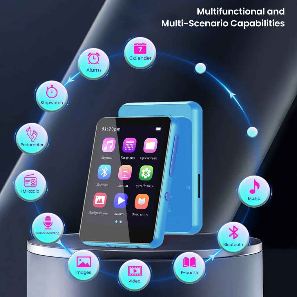 AUDIOCULAR M31 Mp3 Player in blue showing multifunctional apps like FM radio, Bluetooth, video, and pedometer for versatile use.