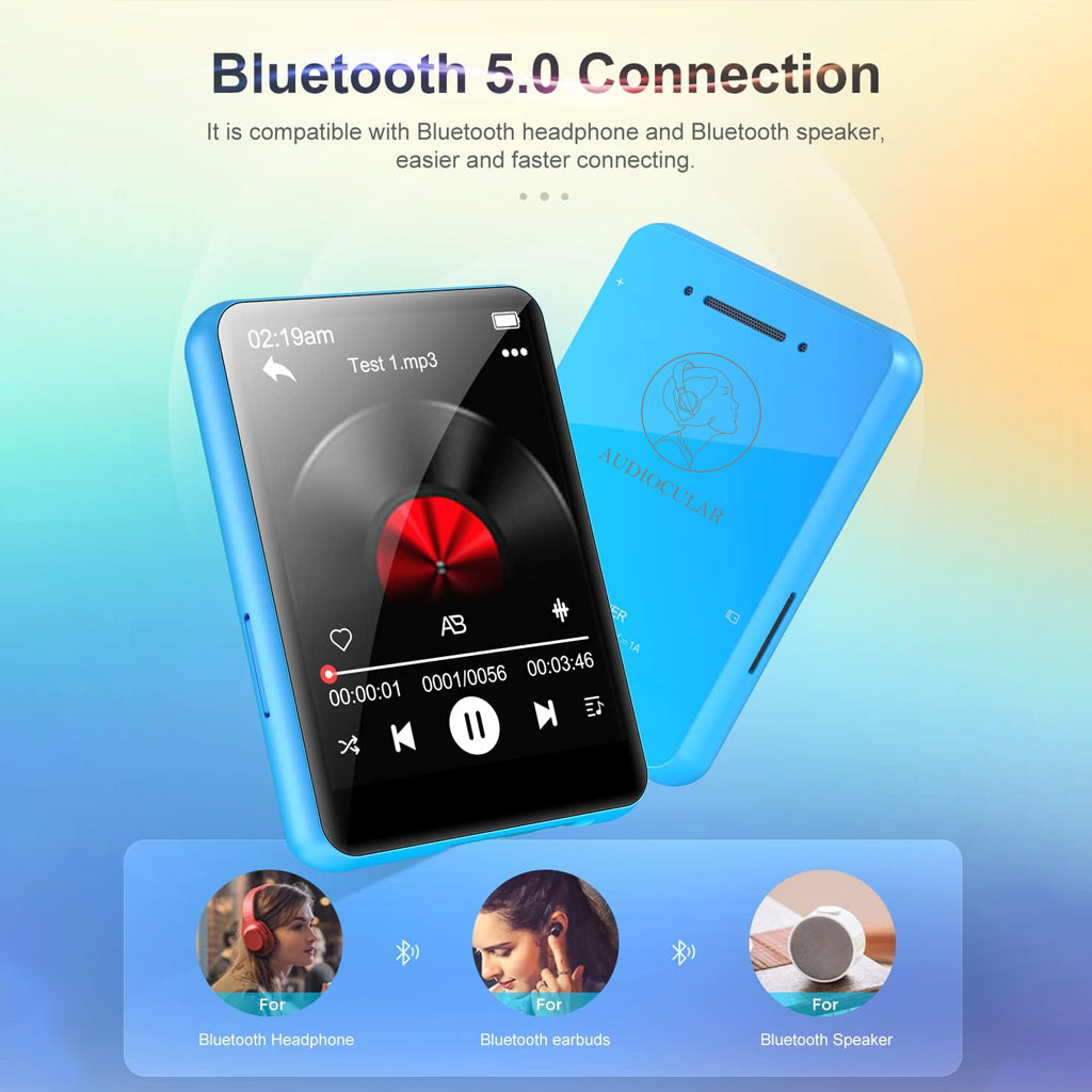 AUDIOCULAR M31 Mp3 Player with Bluetooth 5.0 connectivity, compatible with headphones, earbuds, and speakers for seamless wireless audio.