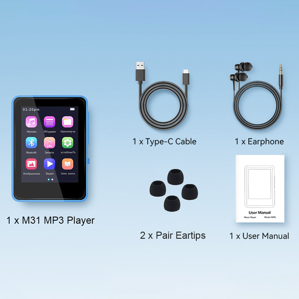 AUDIOCULAR M31 Mp3 Player package contents including Type-C cable, earphones, eartips, and user manual for complete setup.