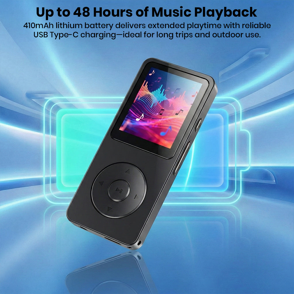 AUDIOCULAR M61 Mp3 Player with 48-hour battery life and USB Type-C charging, perfect for long trips and outdoor use.