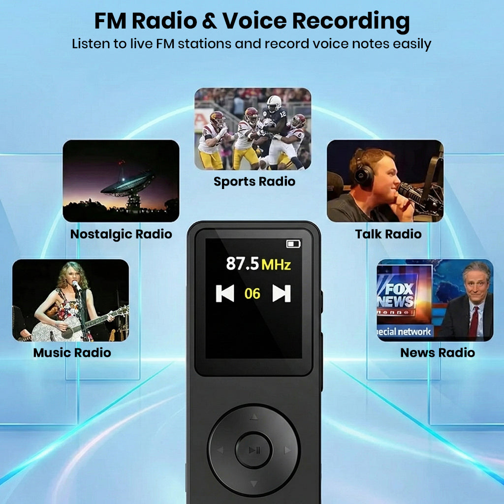 AUDIOCULAR M61 Mp3 Player with FM radio and voice recording, ideal for listening to live broadcasts and capturing notes.