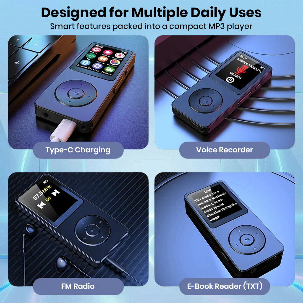 AUDIOCULAR M61 Mp3 Player designed for daily use with Type-C charging, FM radio, voice recorder, and e-book reader.