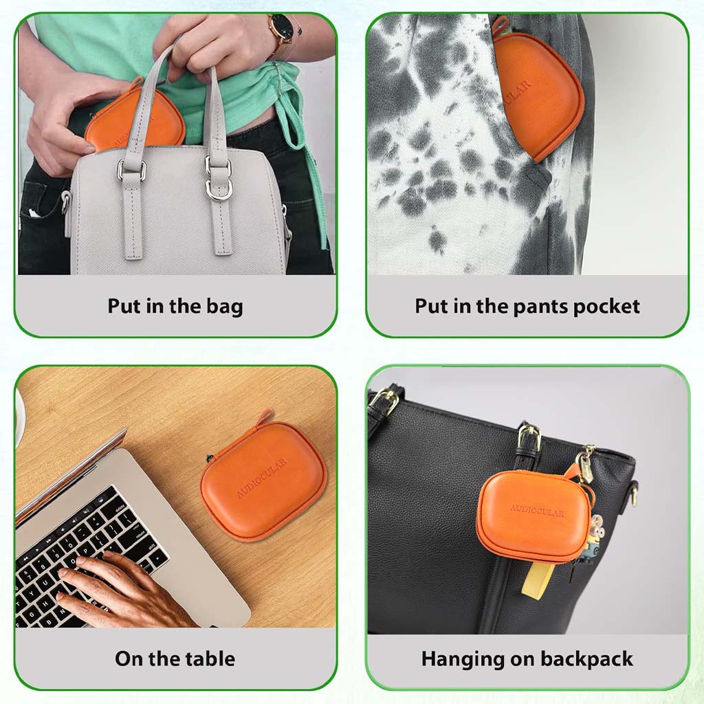 Versatile AUDIOCULAR Earphone Case for IEMs shown in use—fits in bags, pockets, on tables, or hanging from backpacks.