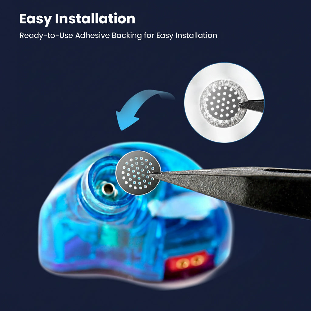 AUDIOCULAR nozzle filter being installed on IEM using adhesive backing, demonstrating easy and damage-free application for earphone accessories.