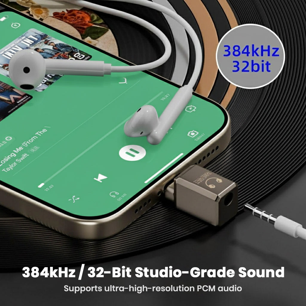 AUDIOCULAR USB-C to 3.5mm Adapter delivering 384kHz 32-bit studio-grade sound for high-resolution music playback on mobile devices.