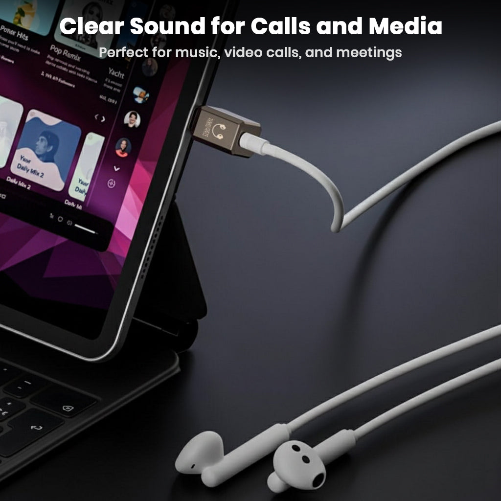 AUDIOCULAR USB-C DAC Adapter used with a tablet for clear sound in music, video calls, and meetings, ideal for multimedia use.
