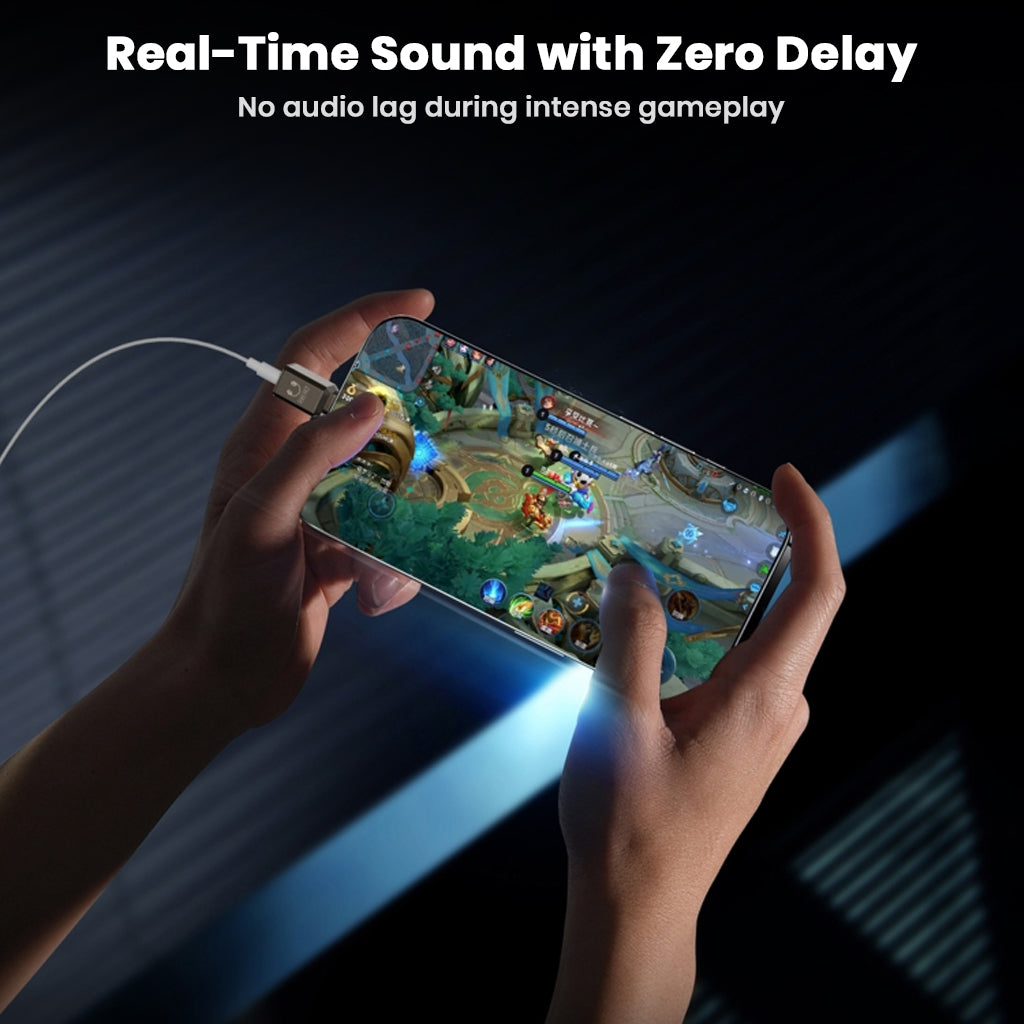 AUDIOCULAR USB-C DAC Adapter used during mobile gaming, offering real-time sound with zero delay for immersive gameplay.