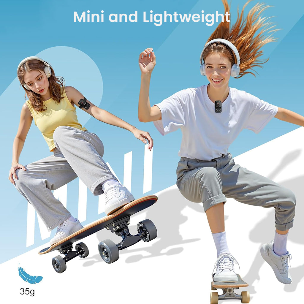 Two women skateboarding while wearing AUDIOCULAR X20 Clip MP3 Player, showcasing its mini, lightweight 35g design for active use.