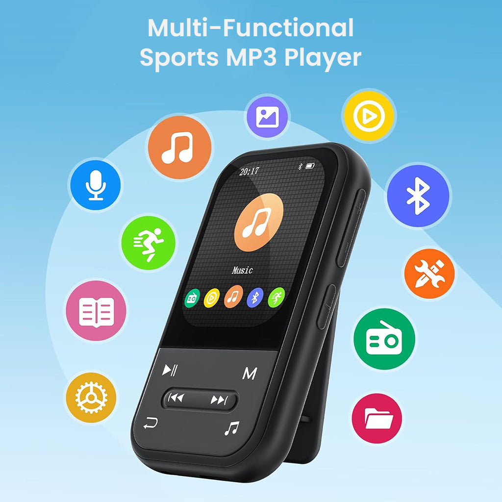 AUDIOCULAR X20 Clip MP3 Player displayed with icons showing multi-functional features like music, voice recording, and FM radio.