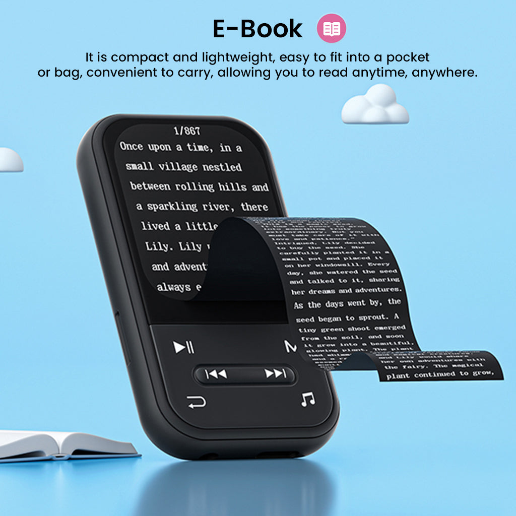AUDIOCULAR X20 Clip MP3 Player shown with e-book reader function, highlighting portable design for reading on the go.