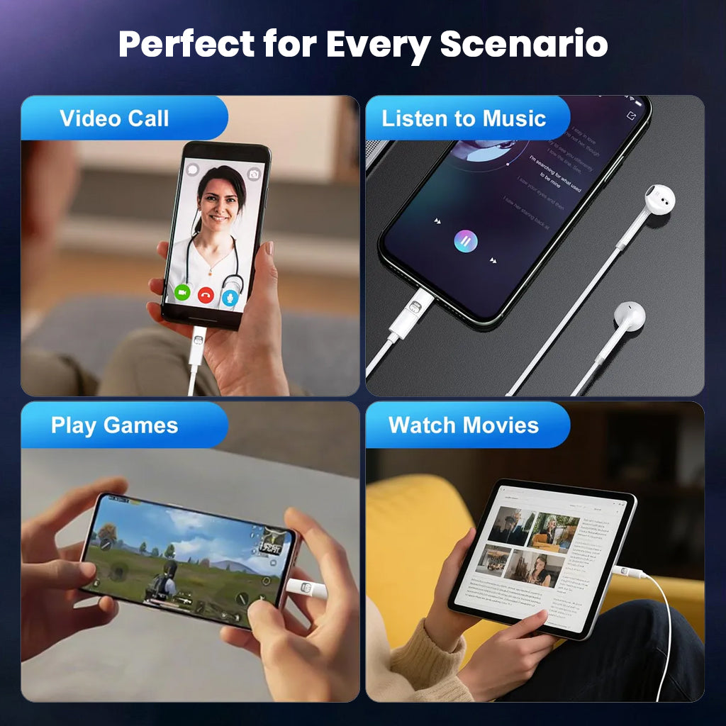 AUDIOCULAR USB-C to Lightning Adapter is ideal for video calls, music, gaming, and movie watching across various devices.