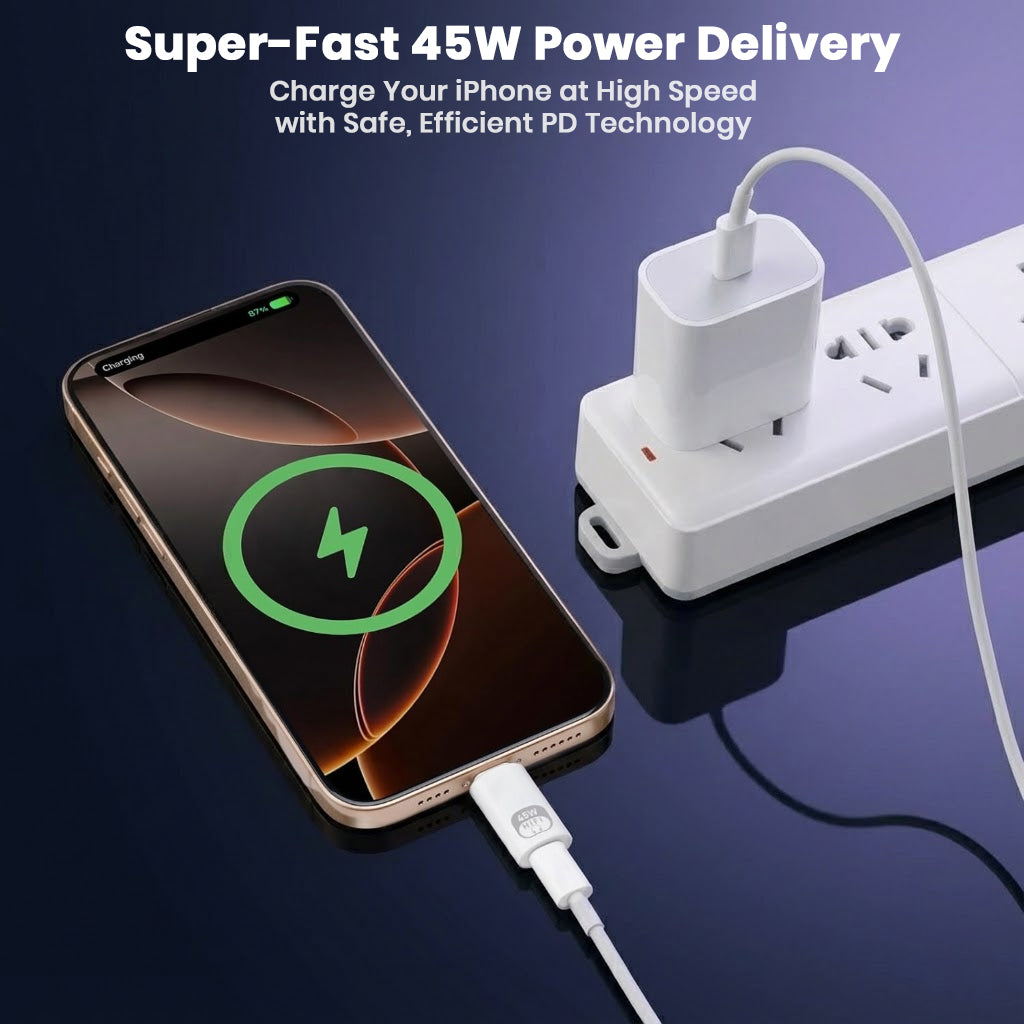 AUDIOCULAR USB-C to Lightning Adapter supports 45W power delivery for fast and safe iPhone charging via PD technology.