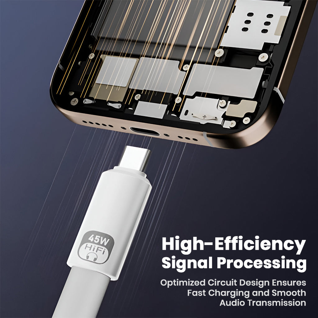 AUDIOCULAR 45W USB-C to Lightning Adapter ensures high-efficiency signal processing for fast charging and smooth audio transmission.