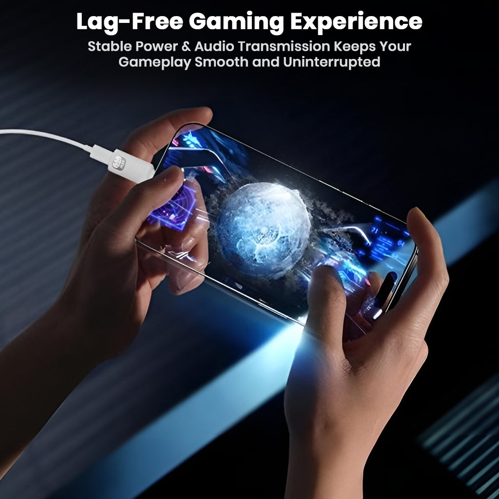AUDIOCULAR 45W USB-C to Lightning Adapter delivers stable power and audio for lag-free gaming on mobile devices.