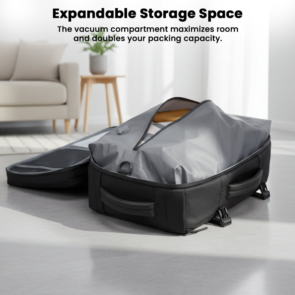 TECPHILE 35L travel backpack with expandable vacuum storage compartment, doubling packing capacity for efficient travel.