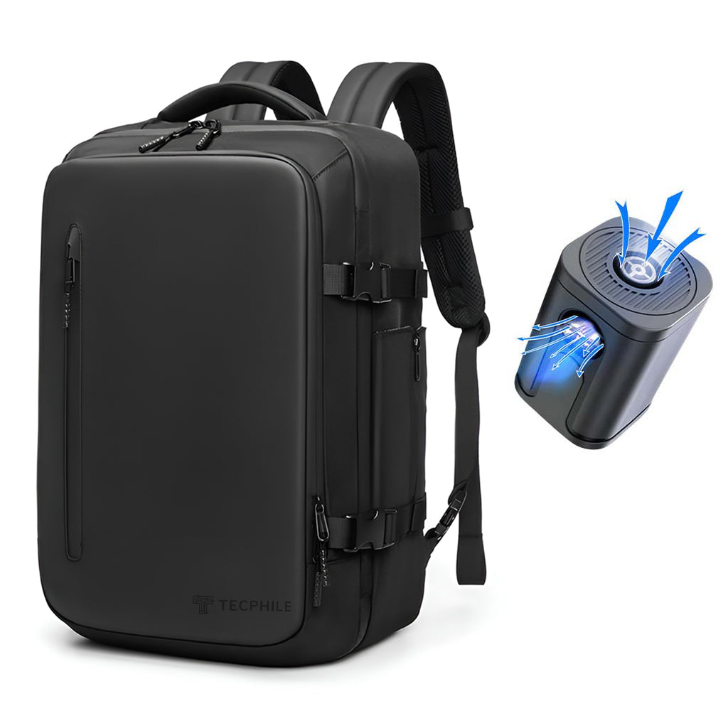 TECPHILE 35L backpack with vacuum compression pump illustration, highlighting air removal feature for compact packing.