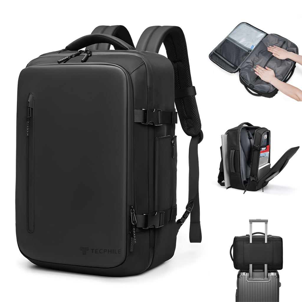 TECPHILE 35L Vacuum Backpack for Travelling fit for 16” Laptop Bag with waterproof exterior, side straps, and front zipper pocket.