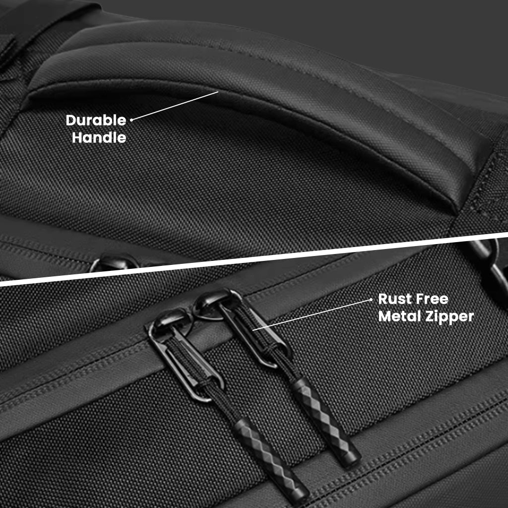 Close-up of TECPHILE 35L backpack’s durable handle and rust-free metal zippers, built for long-lasting travel performance.
