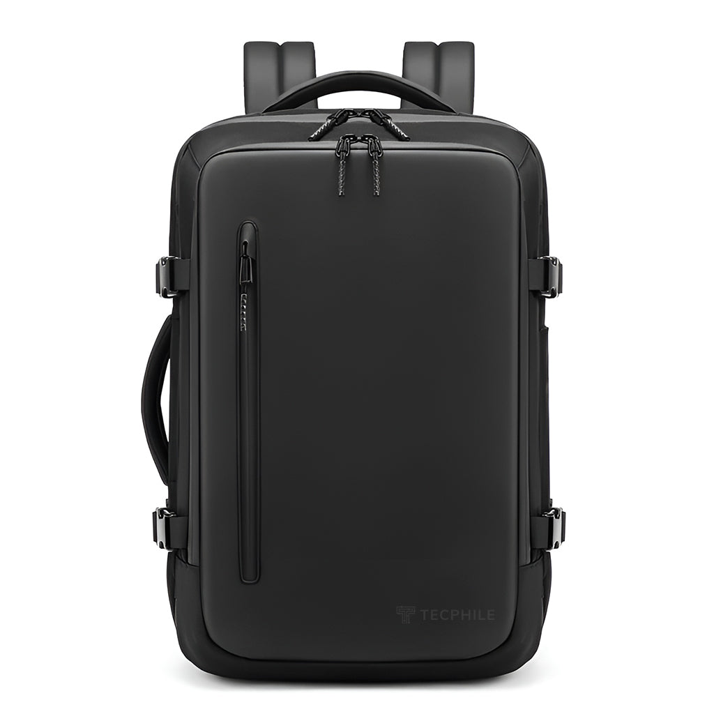Front view of TECPHILE 35L AirFlex travel backpack with minimalist design and waterproof finish for modern travelers.