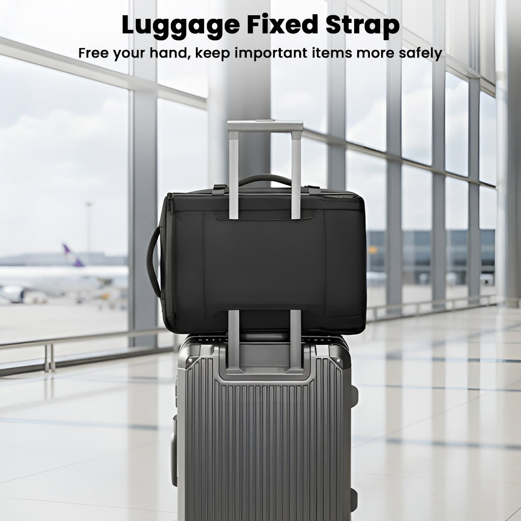 TECPHILE 35L laptop backpack attached to luggage using fixed strap, ideal for travel convenience and secure handling at airports.