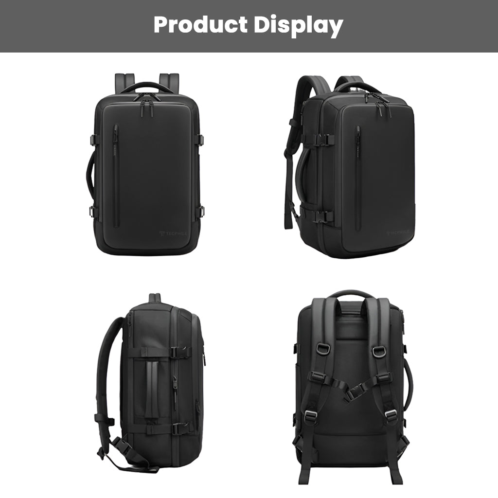 Multiple angles of TECPHILE 35L smart backpack showing sleek design, adjustable straps, and side compartments for travel.