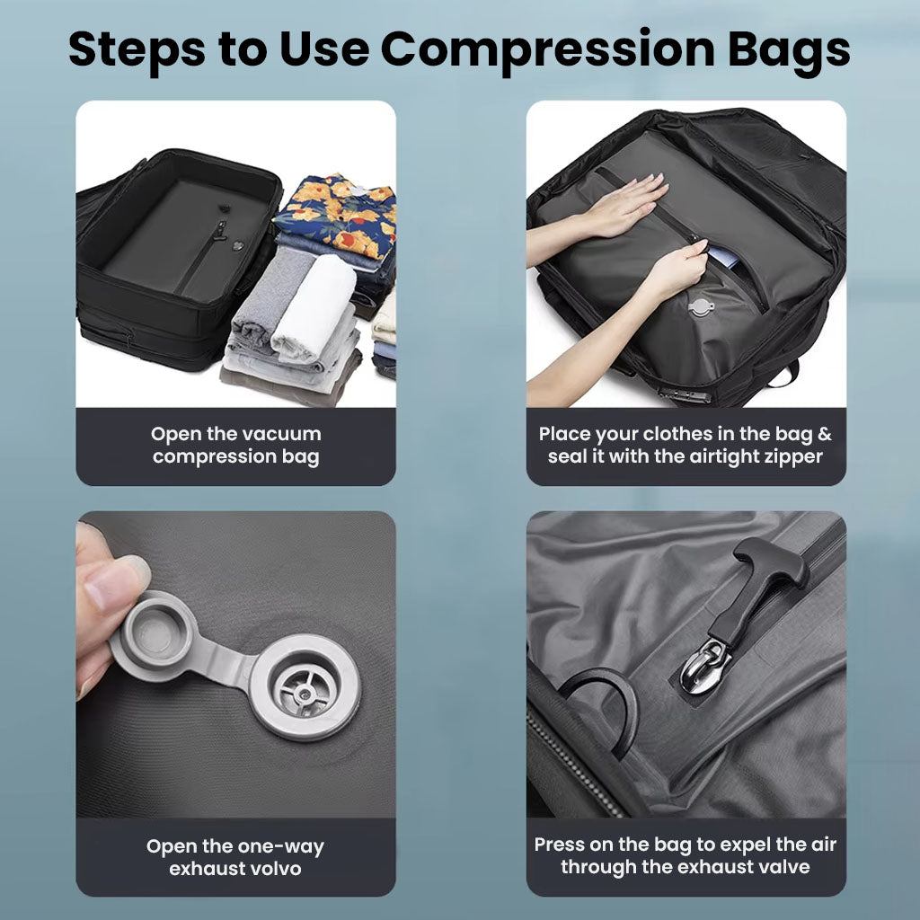 Step-by-step guide to using vacuum compression bags in the RZTX JL152E Airpack Laptop Backpack for organized travel.