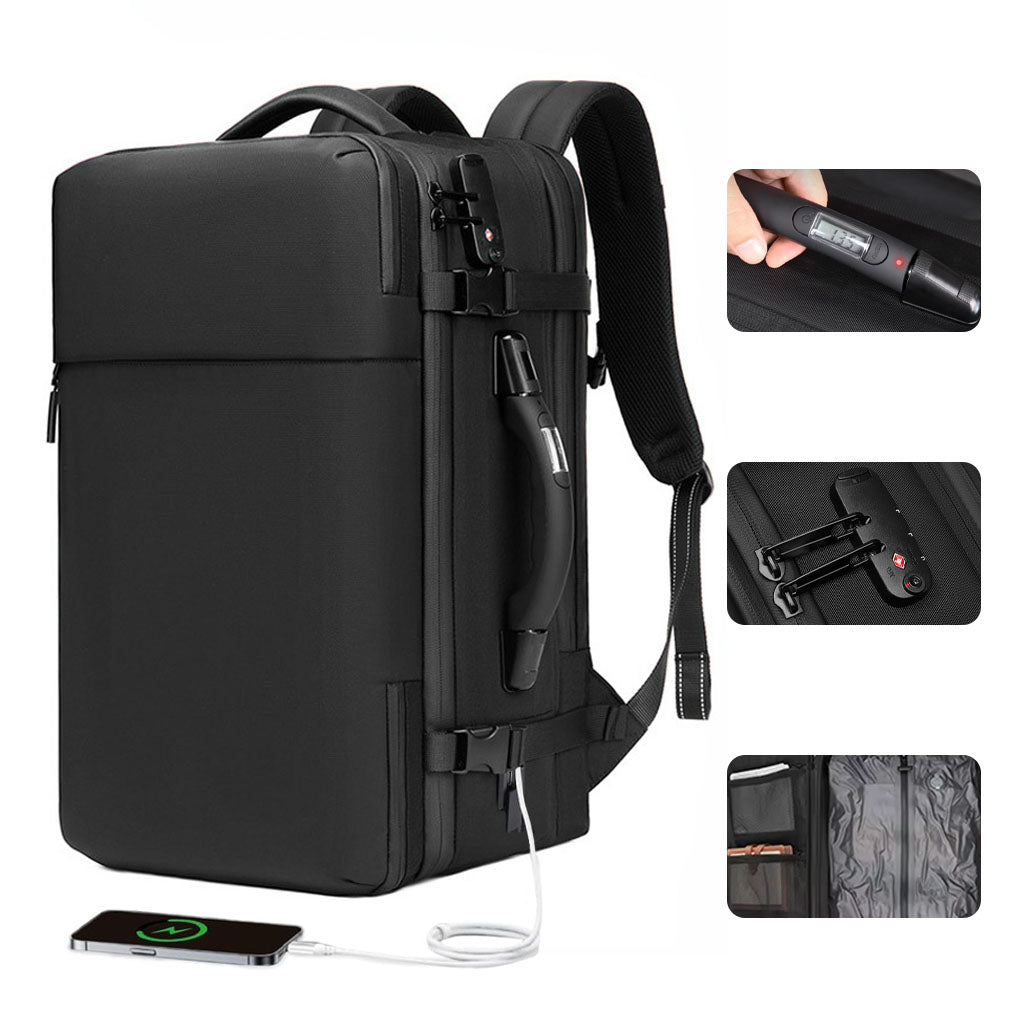 RZTX JL152E Airpack Travel Vacuum Backpack with USB charging port, TSA lock, and expandable design for men, fits 19-inch laptop.