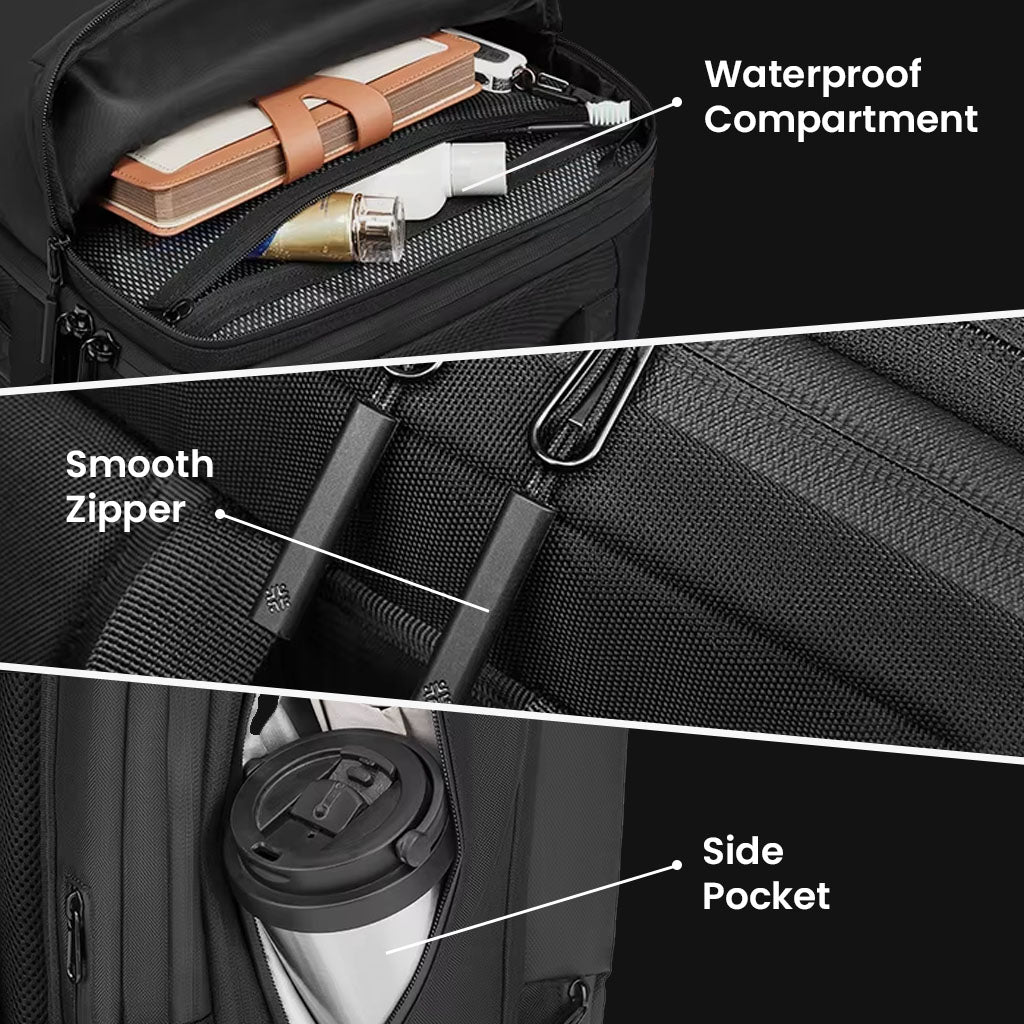 Detailed view of RZTX JL152E Airpack Backpack compartments including waterproof pocket, smooth zipper, and side bottle holder.