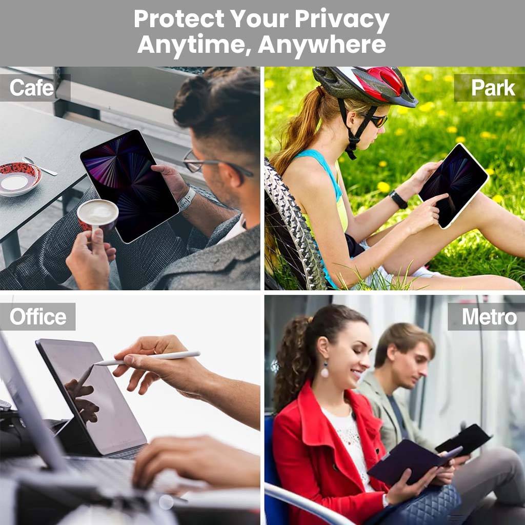 Privacy Tempered Glass Screen Protector for iPad Air 5th/4th & Pro 11 used in various settings like cafes, parks, offices, and metros for privacy.