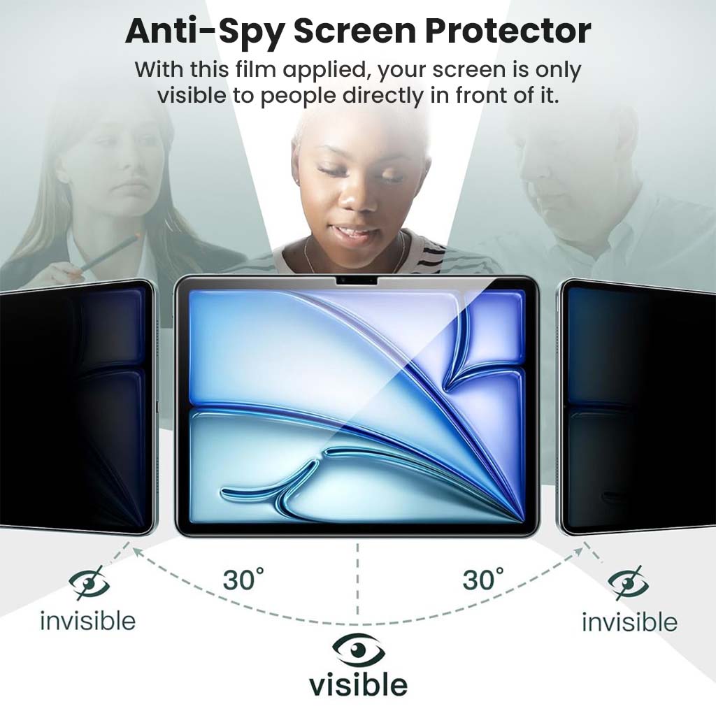 Anti Spy Privacy Tempered Glass Screen Protector for iPad Air 11 M2/ M3 ensures screen visibility only from the front, blocking side angles.