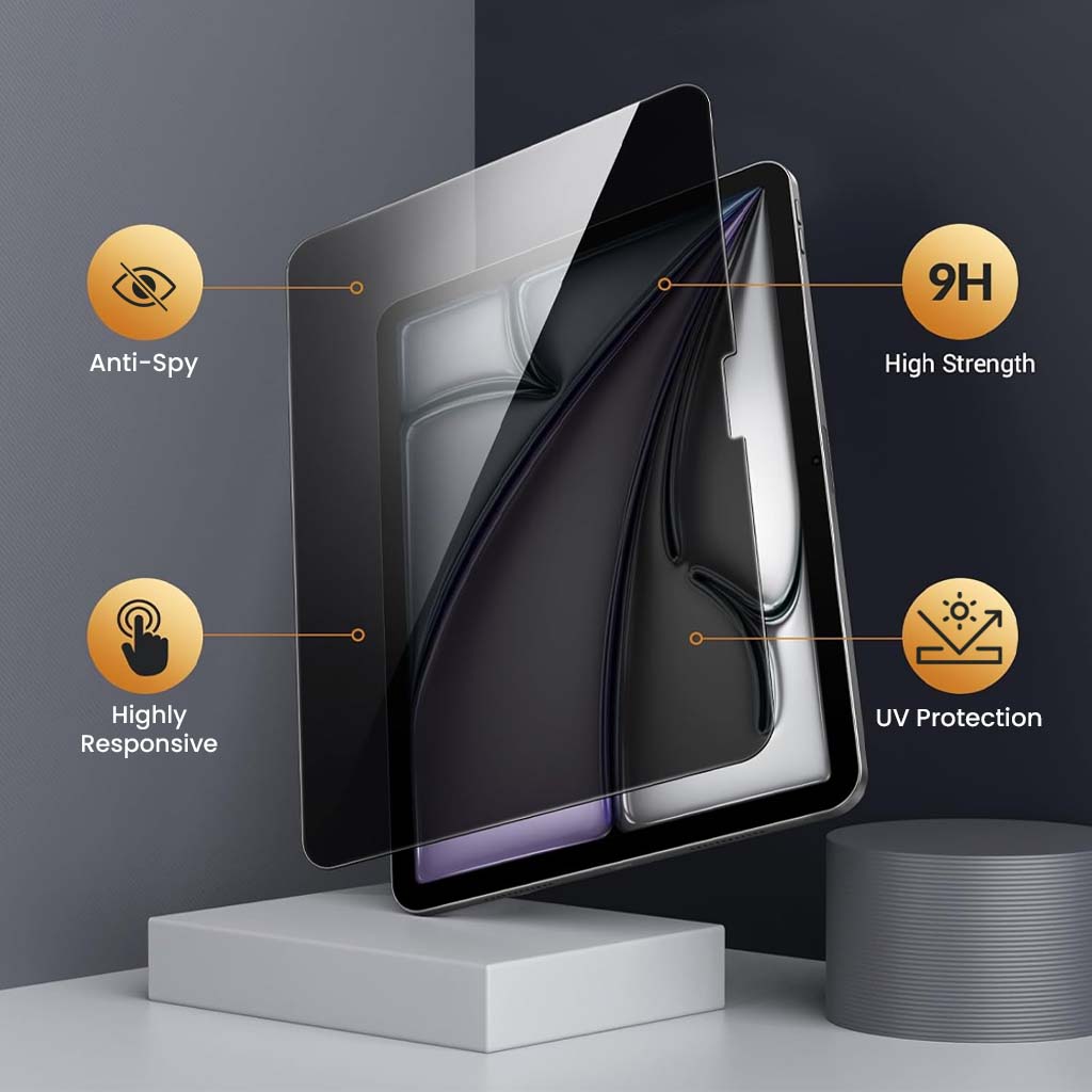 Exploded view of Anti Spy Privacy Tempered Glass Screen Protector for iPad Air 11 M2/ M3 highlighting anti-spy, 9H hardness, and UV protection features.
