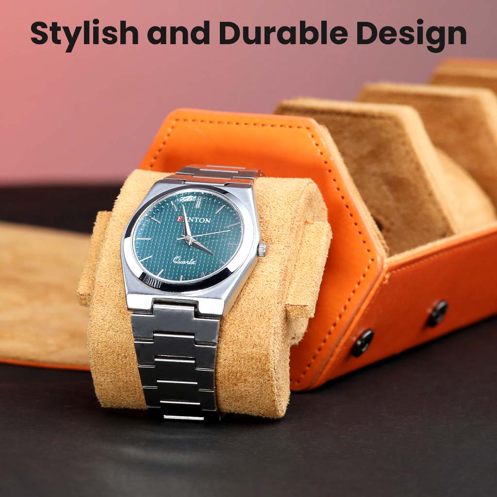 Close-up of a single watch on suede pillow inside the TECPHILE Watch Box, emphasizing stylish and durable design for secure watch storage.